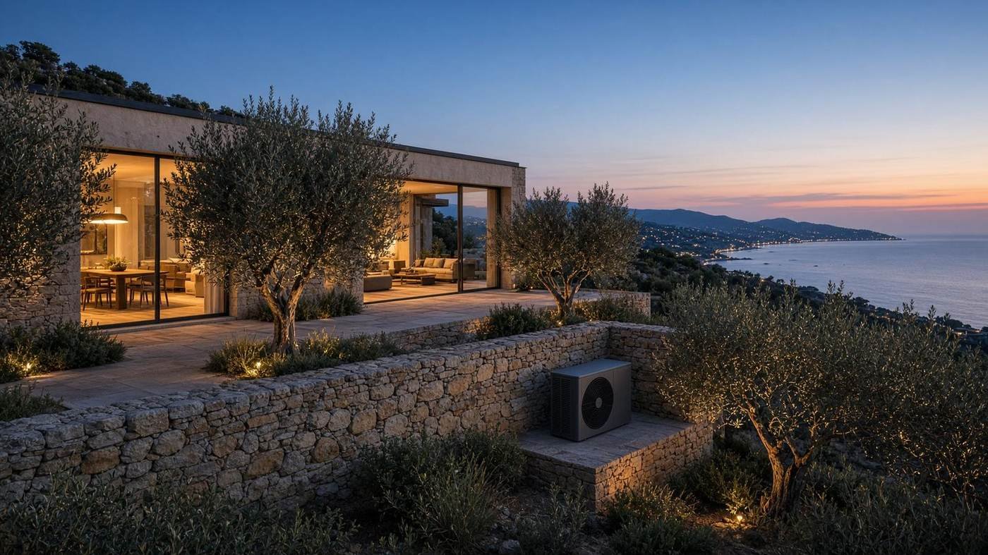 Villa contemporaine dans le Var, pompe à chaleur en terrasse, crépuscule sur la Méditerranée